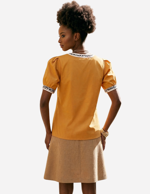 Buckskin Contrast Leopard Trim Split Neck Puff Sleeve Blouse