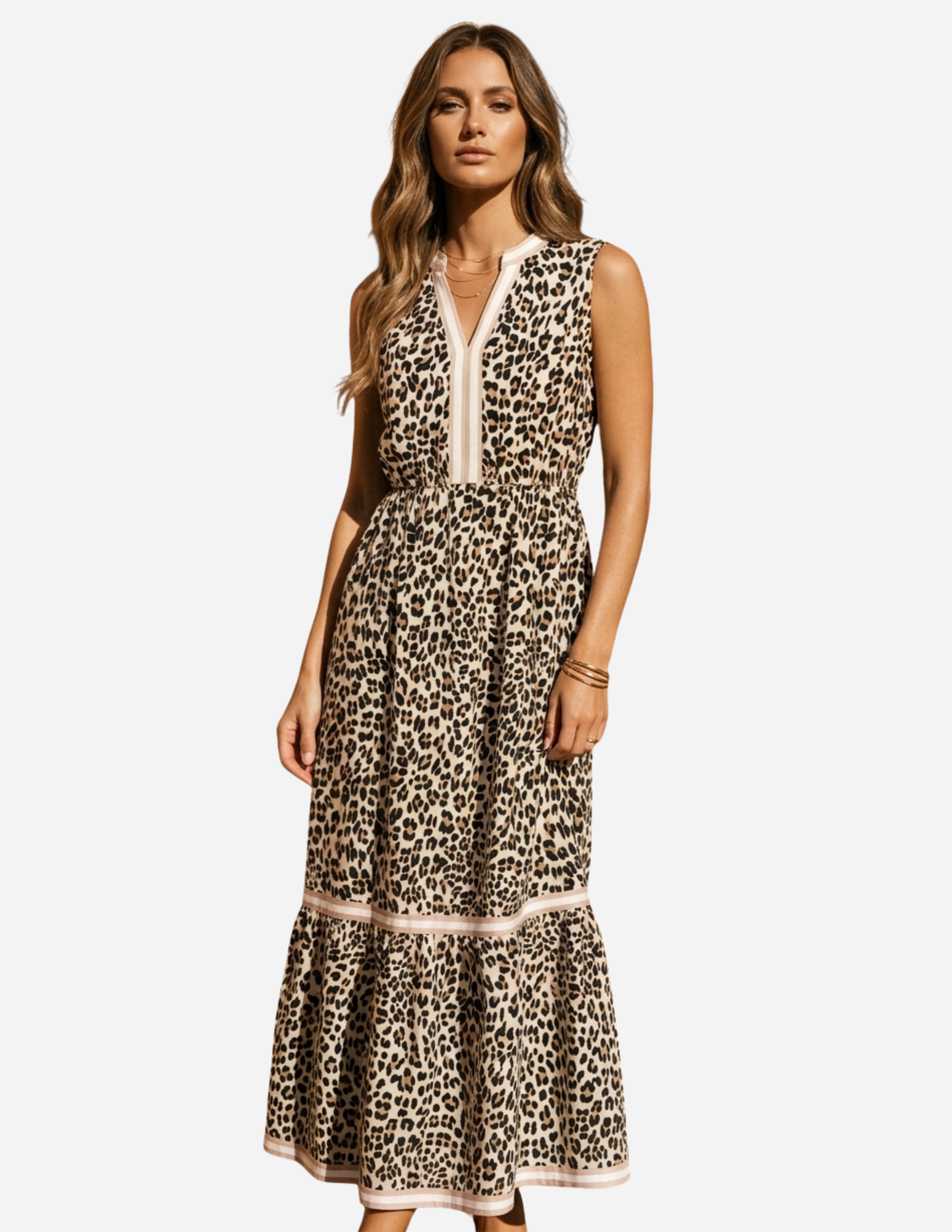 White Leopard Print Colorblock Trim Sleeveless Midi Dress