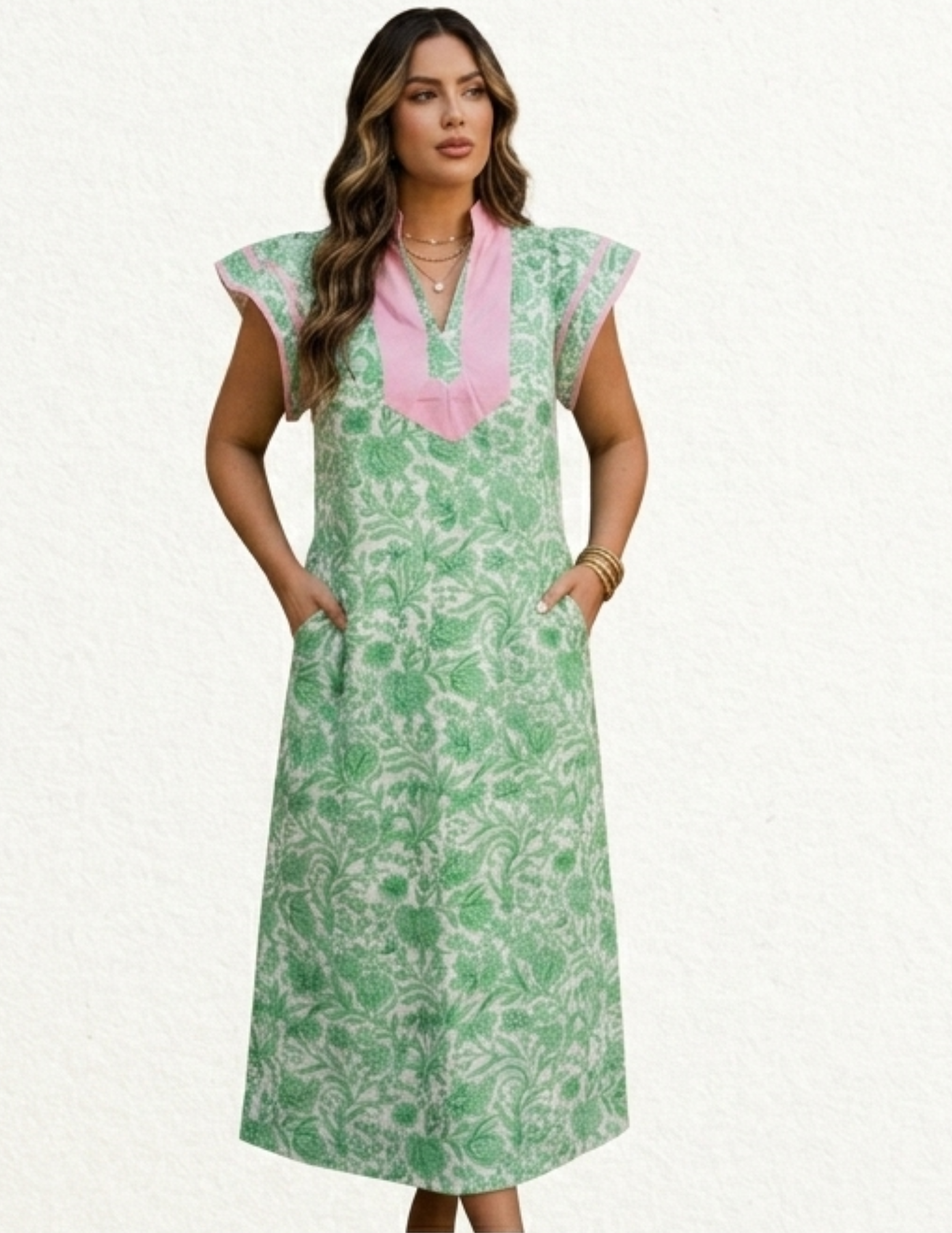 Green Plus Size Contrast Trim Flutter Sleeve Floral Kaftan Maxi Dress