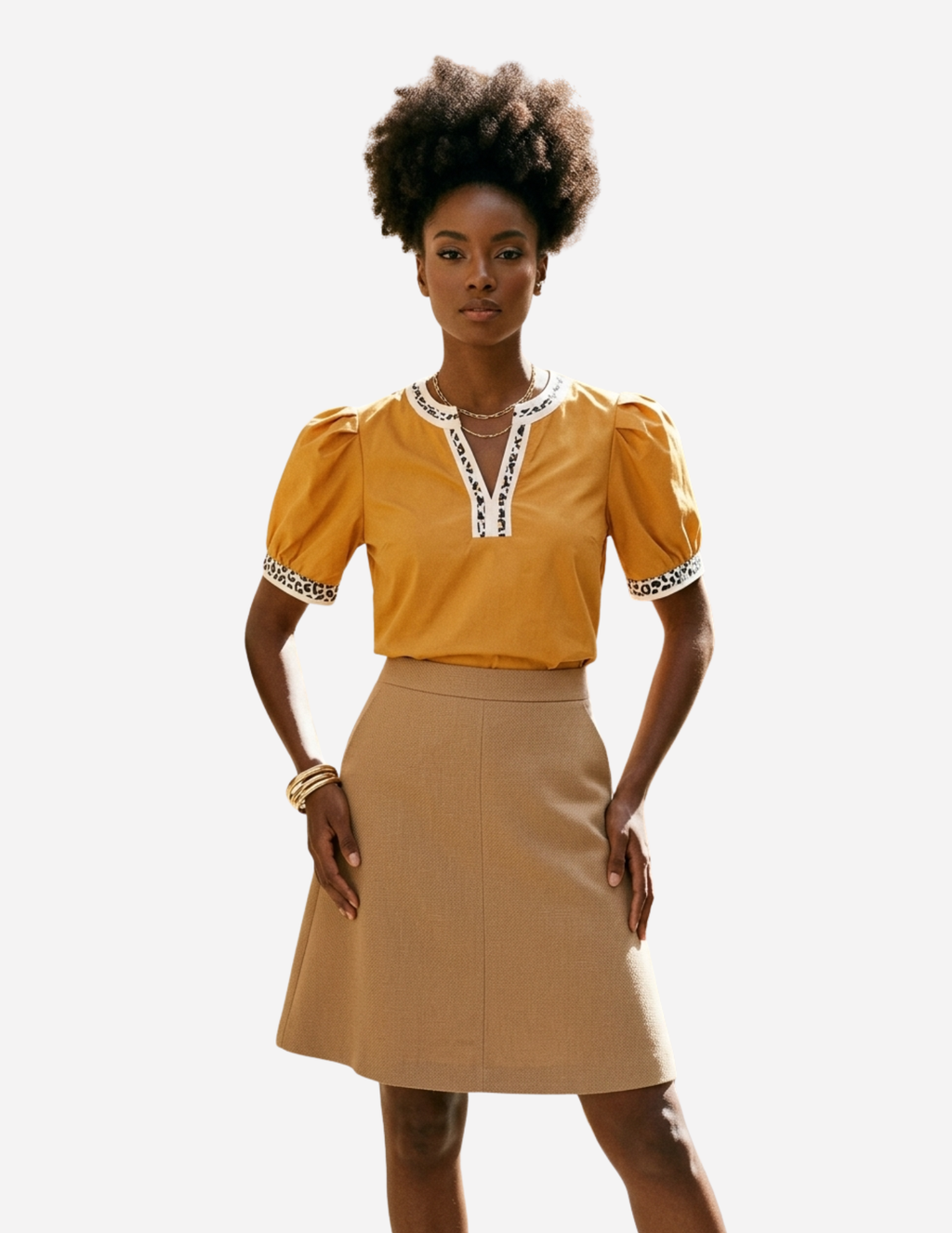 Buckskin Contrast Leopard Trim Split Neck Puff Sleeve Blouse