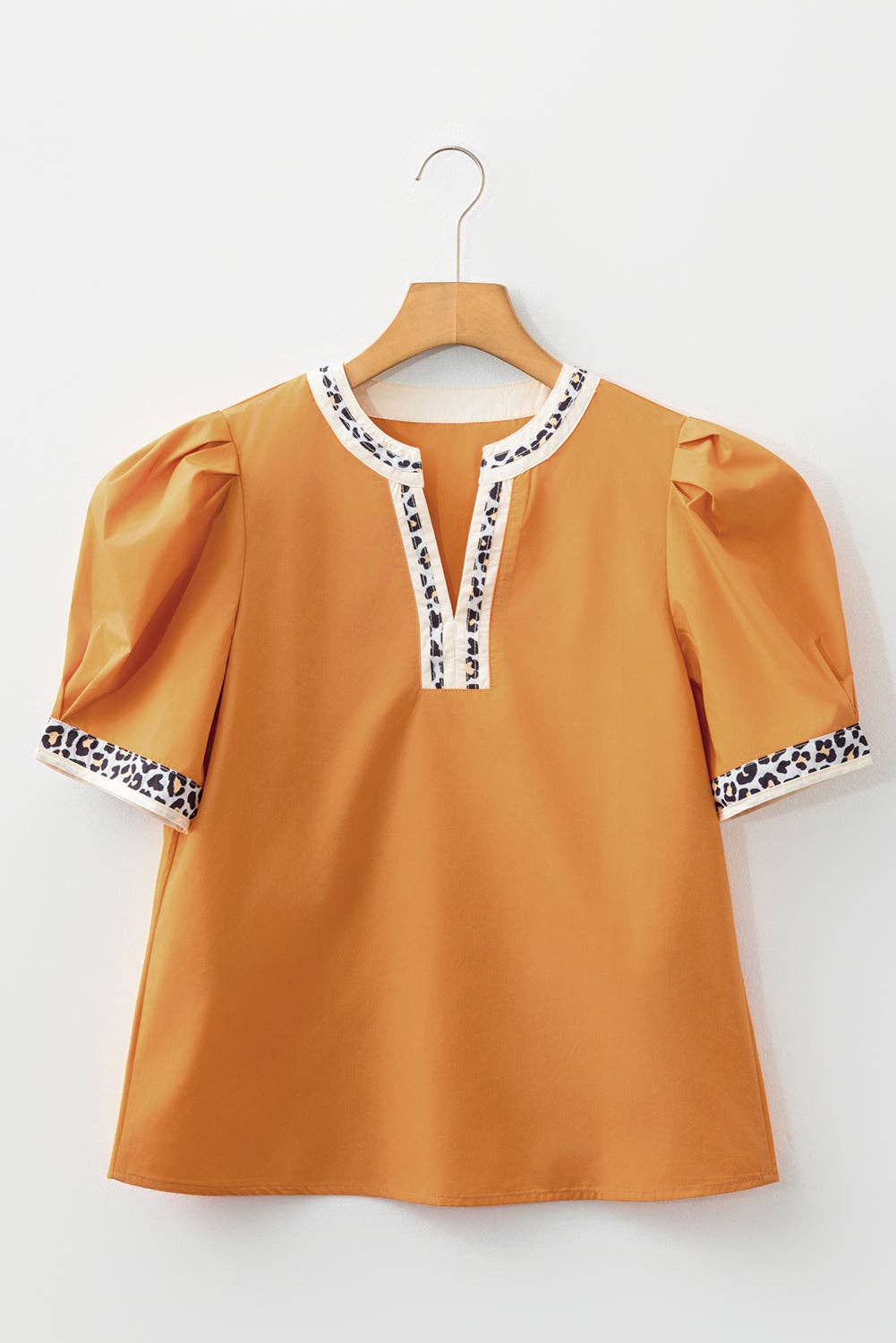 Buckskin Contrast Leopard Trim Split Neck Puff Sleeve Blouse