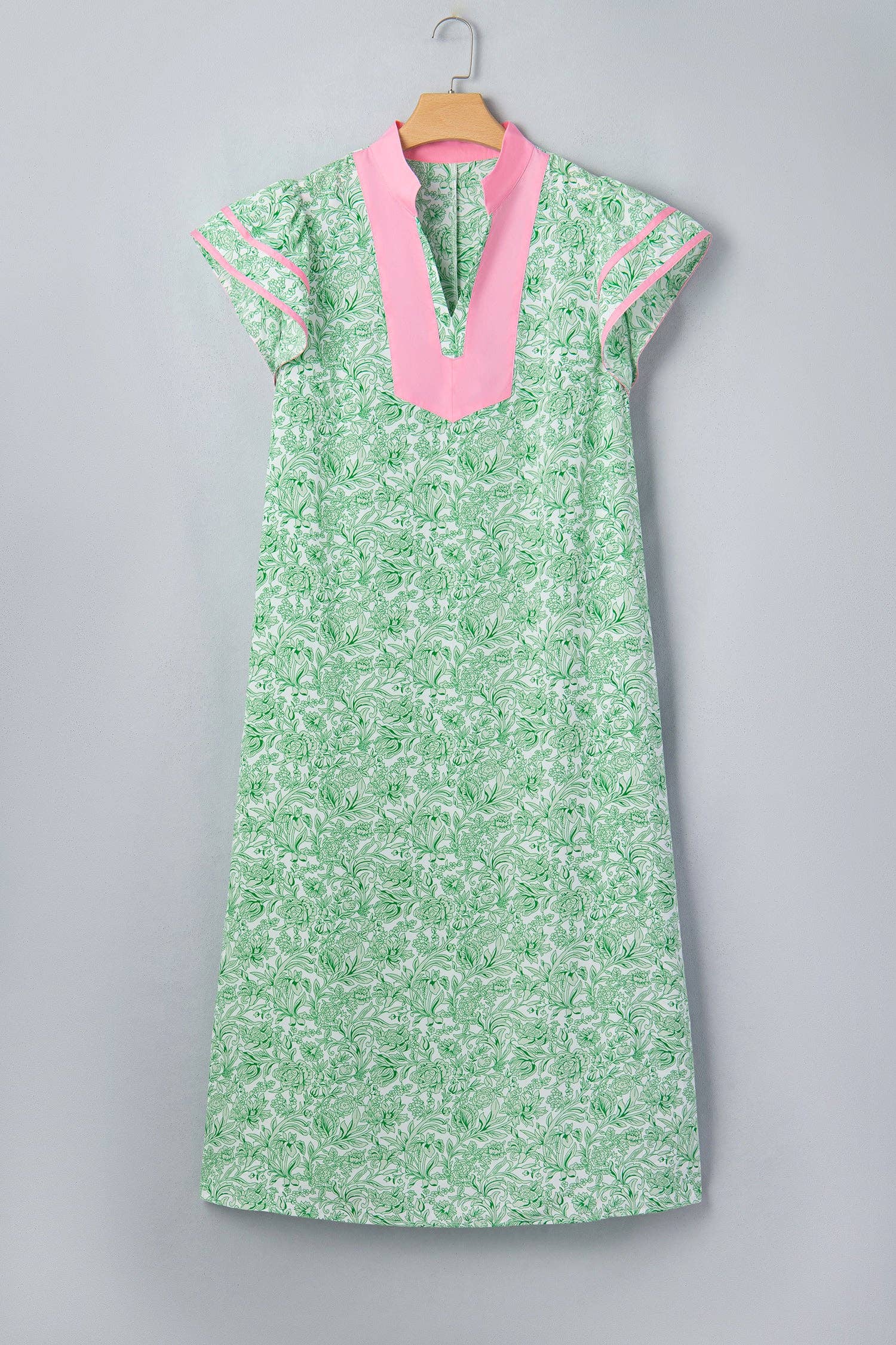 Green Plus Size Contrast Trim Flutter Sleeve Floral Kaftan Maxi Dress